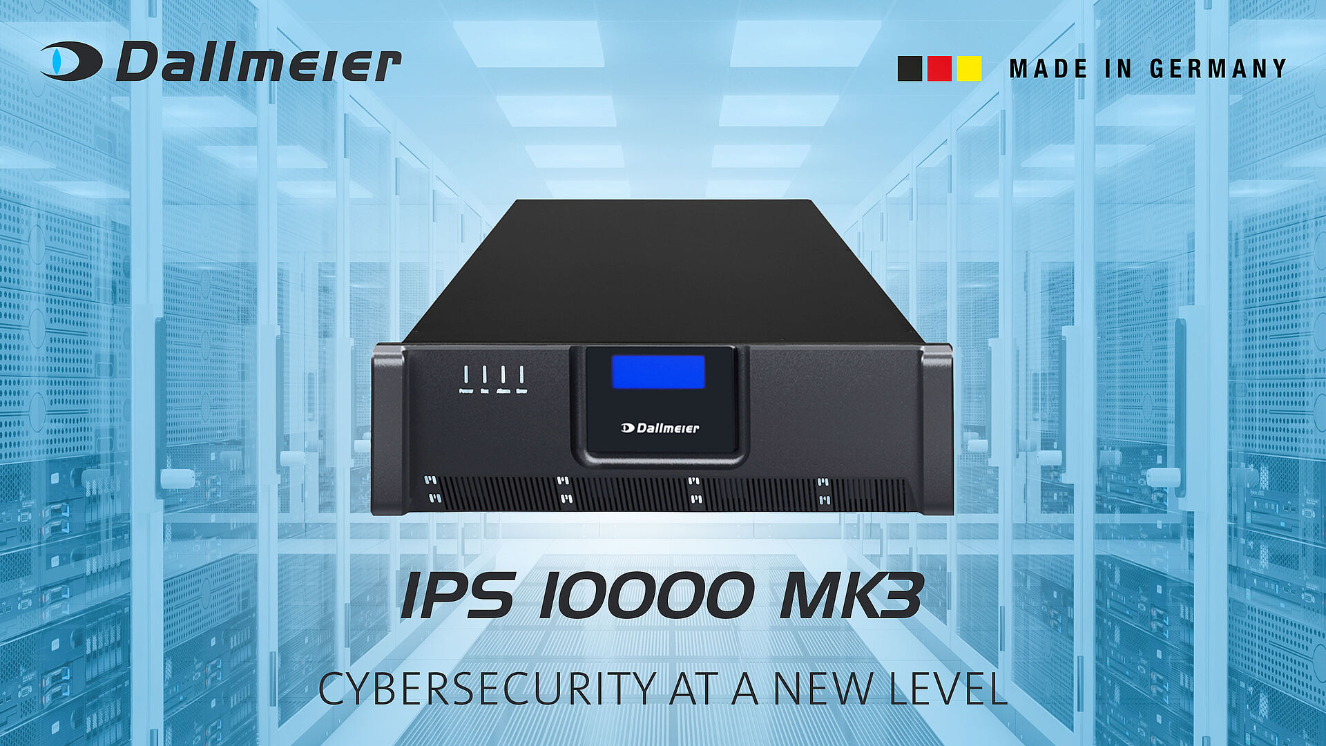 Dallmeier IPS 10000 MK3 device displayed against a data center background, highlighting advanced cybersecurity features with the slogan "Cybersecurity at a New Level.
