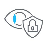 An illustrated eye beside a shield with a lock icon, symbolizing privacy and security. The eye is partially colored blue.