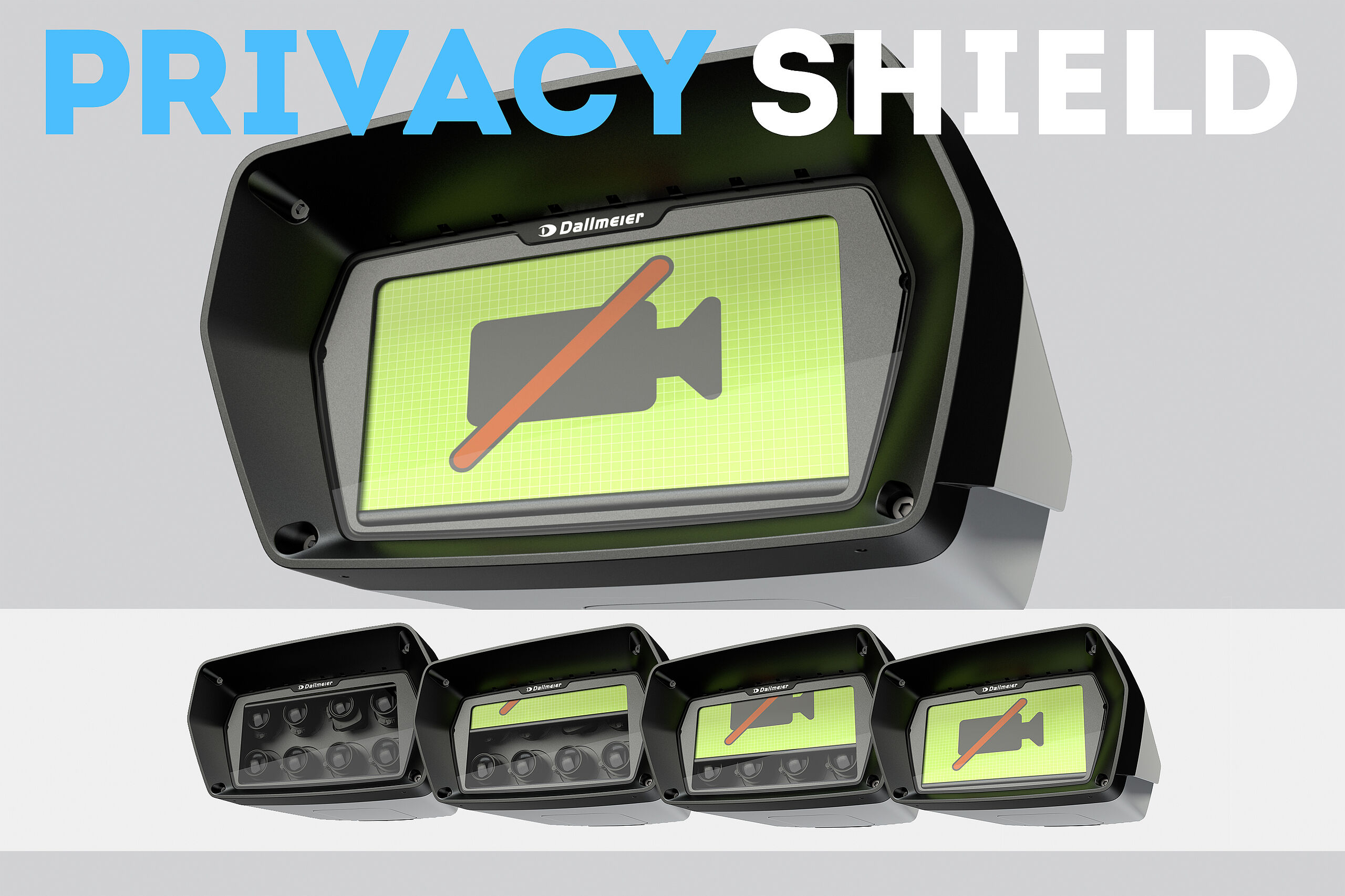 Grafik eines "Privacy Shield"-Geräts mit einem Kamerasymbol, das durch ein rotes Kreuz überlagert ist, und mehreren weiteren Symbolen, die ähnliche Signale anzeigen.