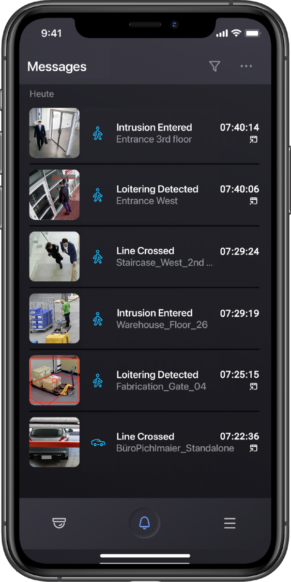 Smartphone screen displaying security messages, including alerts for intrusions, loitering, and line crossings, with timestamps and location details.