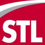 Logo featuring the letters "STL" in bold white font on a red background, accompanied by a gray swoosh above.