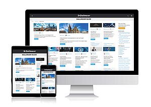 Screens showing Dallmeier Corporate Blog with helpful best-practice content from the world of video technology 