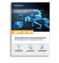 Infographic titled "Protection of Critical Infrastructure," featuring a map of Europe and a prominent call to action: "ACT NOW!" It highlights cybersecurity and compliance concerns related to CER and NIS-2.