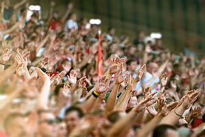 Fans cheering on safe grand stand during soccer match