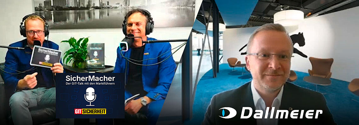 Two men wearing blue jackets and headphones are talking and holding a book in one half of the image. The other half features a man in a suit, with a blue background.