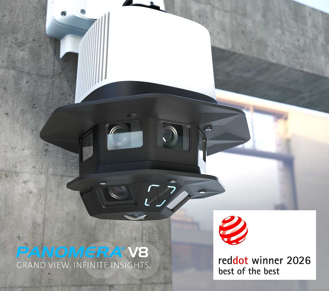 An advanced panoramic camera mounted on a wall with multiple lenses, accompanied by text branding "PANOMERA V8" and a logo indicating a design award.