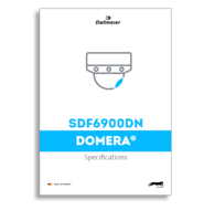Cover page of a specifications document for the Dallmeier SDF6900DN DOMERA camera, featuring a graphic of a surveillance camera and text details.