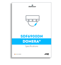 Cover page of a specifications document for the Dallmeier SDF6900DN DOMERA camera, featuring a graphic of a surveillance camera and text details.