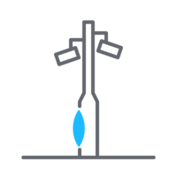 Illustration of a simple street lamp with two light fixtures and a blue flame element at the base, set against a white background.