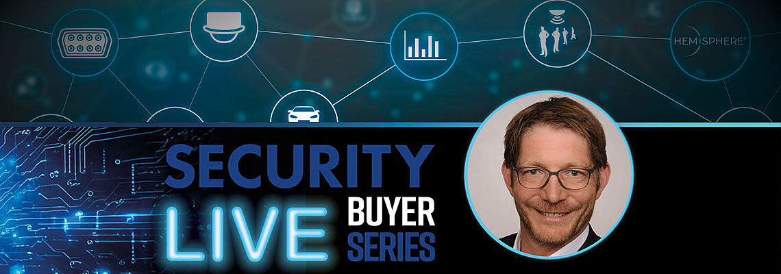 Graphic featuring the title "Security Live Buyer Series" in bold blue text, accompanied by a circular headshot of a man, with digital security icons in the background.
