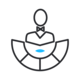 Icon representing a waiter or server, featuring a simplified figure with a bowtie and holding a menu, set within a stylized fan shape.