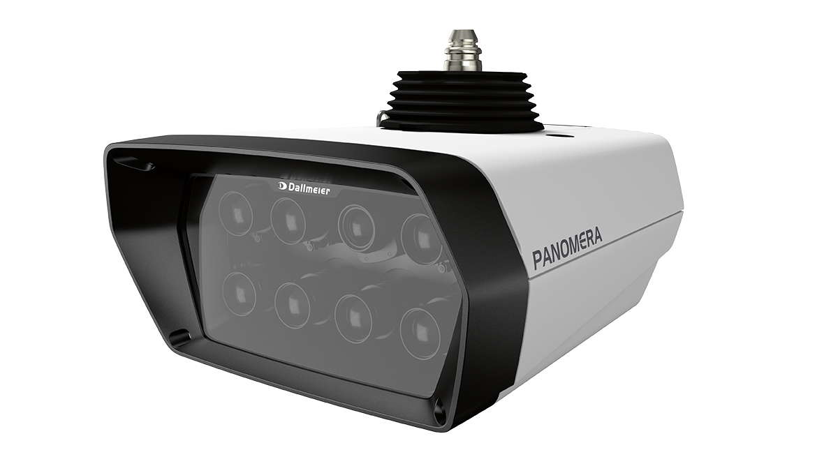 A multi-lens surveillance camera with a sleek black and white design, labeled "PANOMERA" on the side, featuring several small lenses arranged in a rectangular pattern.