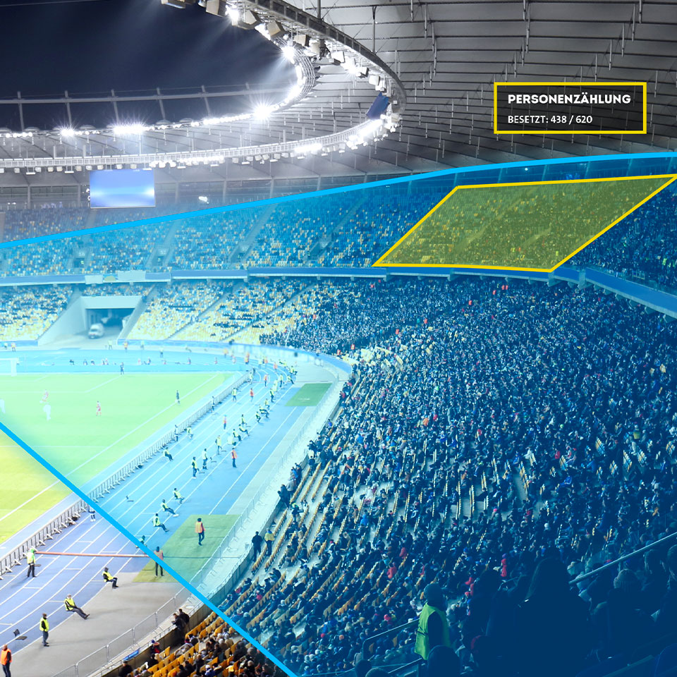 Aerial view of a sports stadium filled with fans during a game, showing a highlighted section for occupancy numbers, indicating 4,388 out of 620 seats filled.