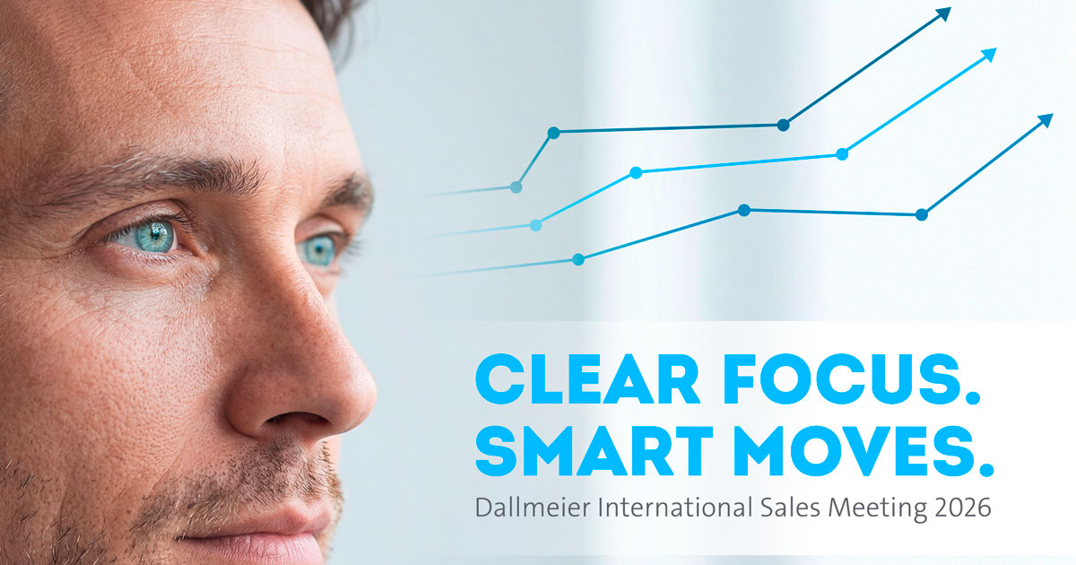 A close-up of a man's face with blue eyes, accompanied by text stating "CLEAR FOCUS. SMART MOVES. Dallmeier International Sales Meeting 2026," with upward trend lines in the background.