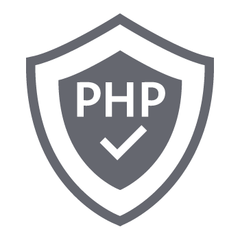 A gray shield icon featuring the letters "PHP" and a checkmark, symbolizing security or validation in PHP programming.