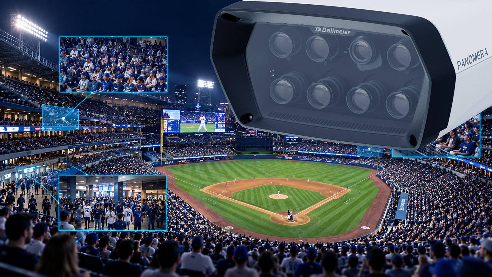 A panoramic camera overlooks a baseball stadium filled with fans, showcasing the field and various stadium scenes in inset images.
