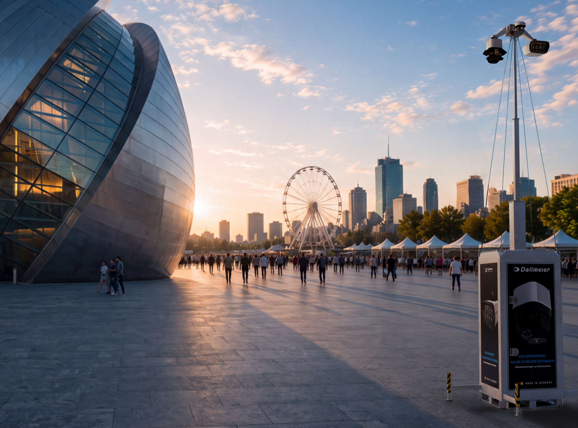 A modern, curved metallic building is in the foreground, with a skyline, Ferris wheel, and people walking in a plaza during sunset in the background.
