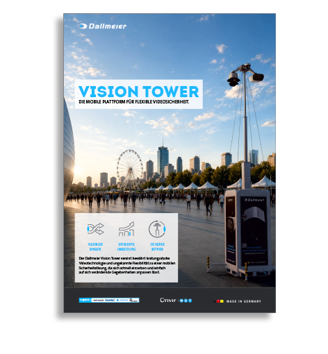 Promotional poster for Dallmeier's Vision Tower, featuring a city skyline, a ferris wheel, and crowds, highlighting mobile video security solutions in German.