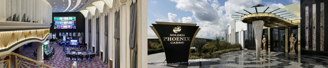 Interior view of a casino with gaming machines and an entrance to the Golden Phoenix Casino featuring a modern sign and decorative architecture.