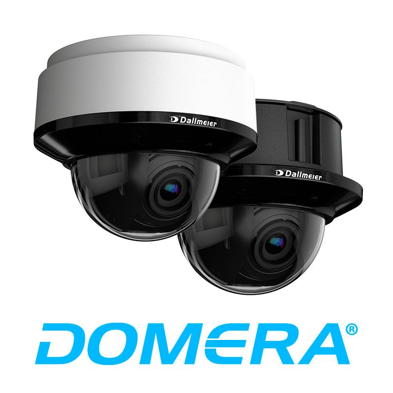 Two security cameras with dome-shaped designs, one white and one black, positioned next to each other. The logo "DOMERA" is prominently displayed below.