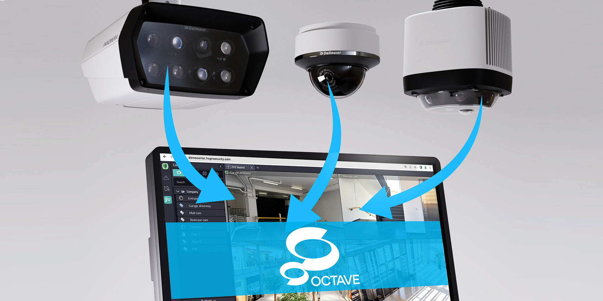 Three security cameras are positioned above a laptop displaying a software interface labeled "Octave," with arrows connecting the cameras to the laptop.