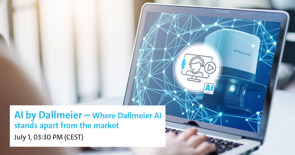 A laptop displays information about "AI by Dallmeier," featuring a graphic of a camera and a person, promoting an event on July 1 at 3:30 PM (CEST).