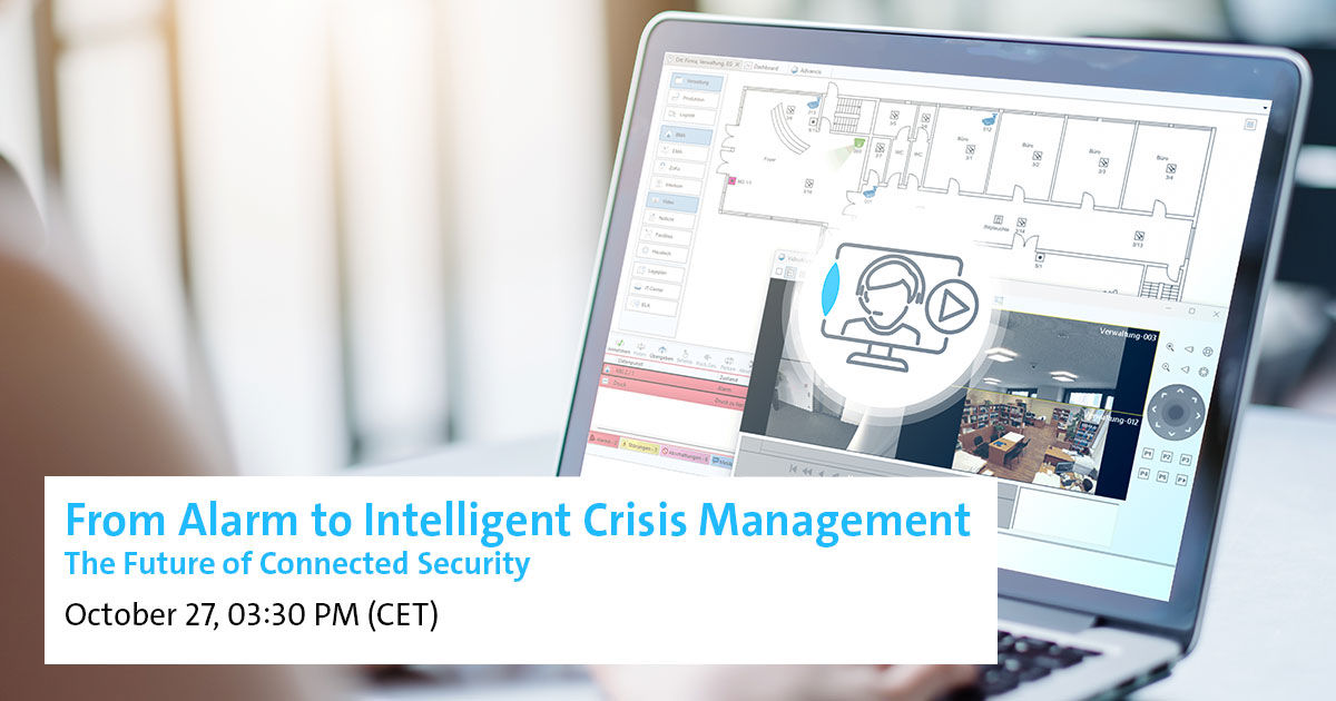 A person uses a laptop displaying a security management interface, with text highlighting an event titled "From Alarm to Intelligent Crisis Management" scheduled for October 27 at 3:30 PM (CET).