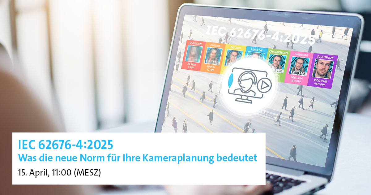 Laptop screen displaying information about IEC 62676-4:2025, with colorful images and text detailing the significance for camera planning, set against a blurred background of people walking.