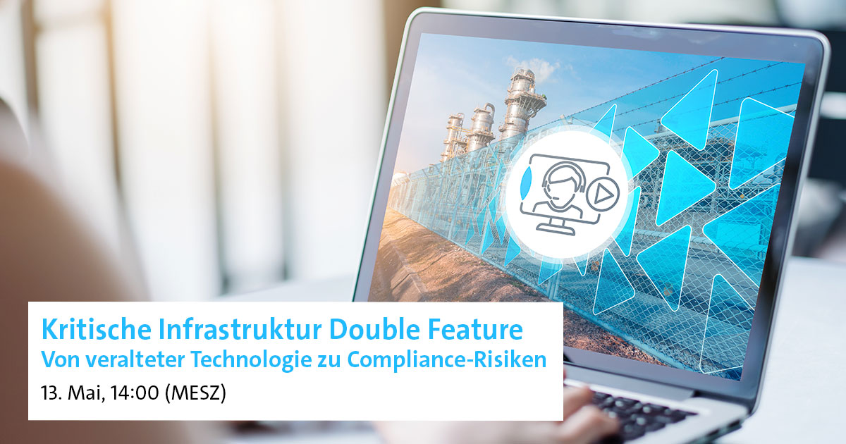 A person using a laptop with graphics depicting critical infrastructure, alongside text promoting a discussion on compliance risks, scheduled for May 13 at 14:00 (MESZ).