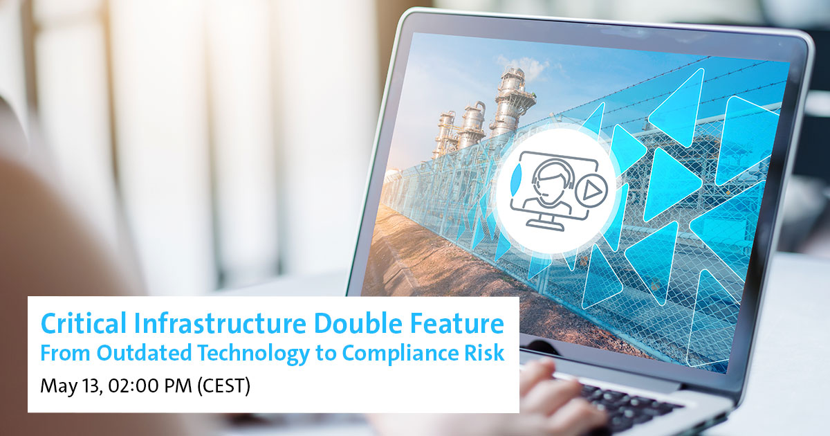 Alt text: A laptop displaying an event announcement for a webinar titled "Critical Infrastructure Double Feature," scheduled for May 13 at 2:00 PM (MESZ).