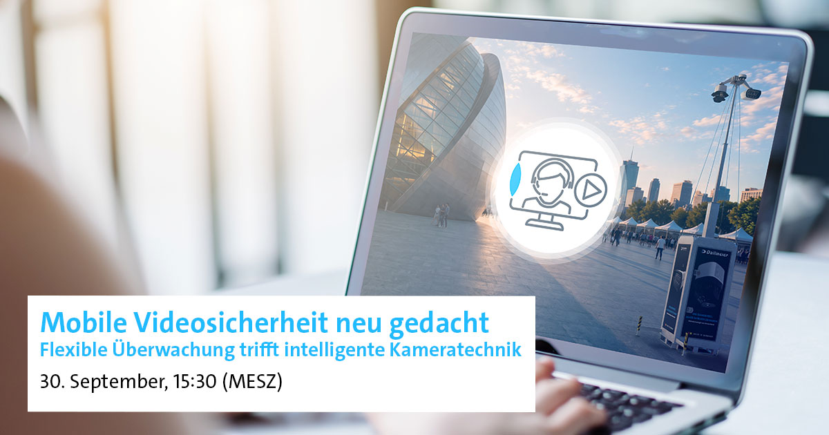 A laptop displays an event announcement for "Mobile Video Security," emphasizing flexible monitoring with intelligent camera technology, scheduled for September 30th at 15:30 (MESZ).