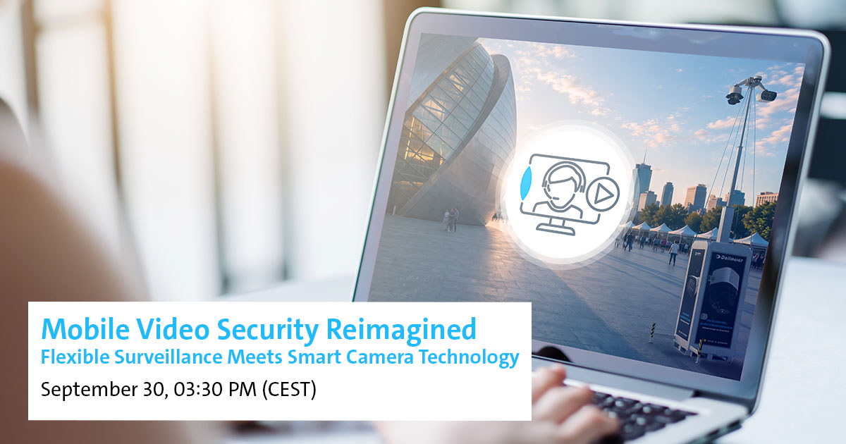 A laptop displaying an outdoor scene with a person icon and smart camera graphics. Text highlights an event titled "Mobile Video Security Reimagined" on September 30 at 3:30 PM (CEST).