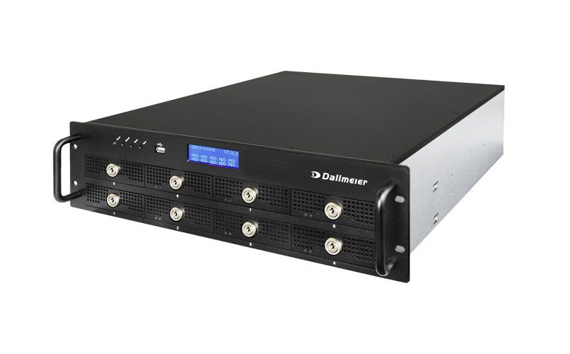Black rack-mounted device with multiple input/output ports and a digital display. Designed for professional use in broadcasting or data processing.