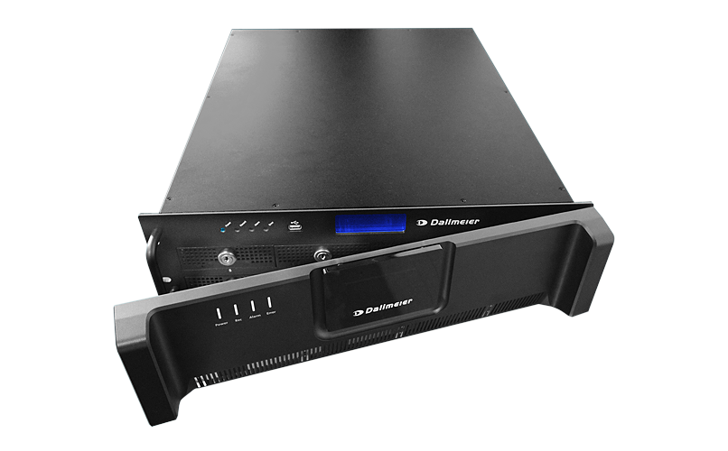 Black electronic equipment with a front panel, featuring buttons and a blue display, designed for rack mounting. The front is slightly open.