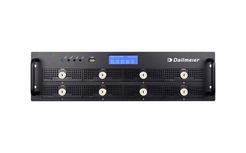 A black electronic device with multiple connectors, a digital display, and control buttons, designed for video surveillance. The brand name "Dallmeier" is visible on the front.