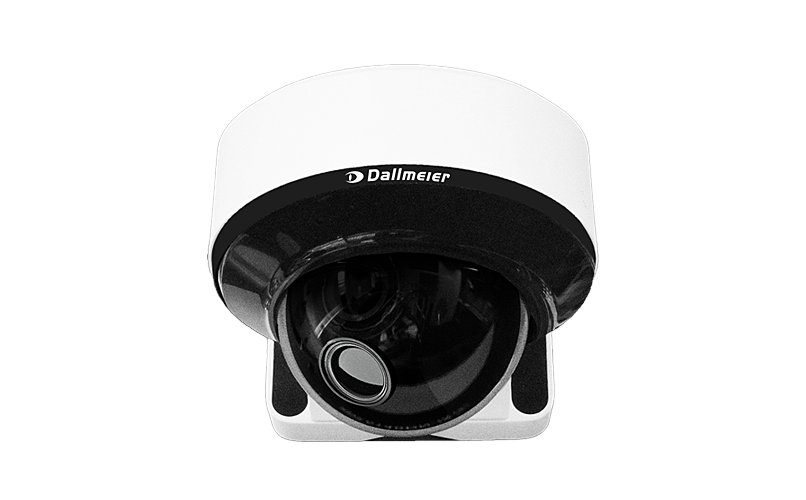 White and black security camera with a rounded design, featuring a visible lens and brand logo on the top.