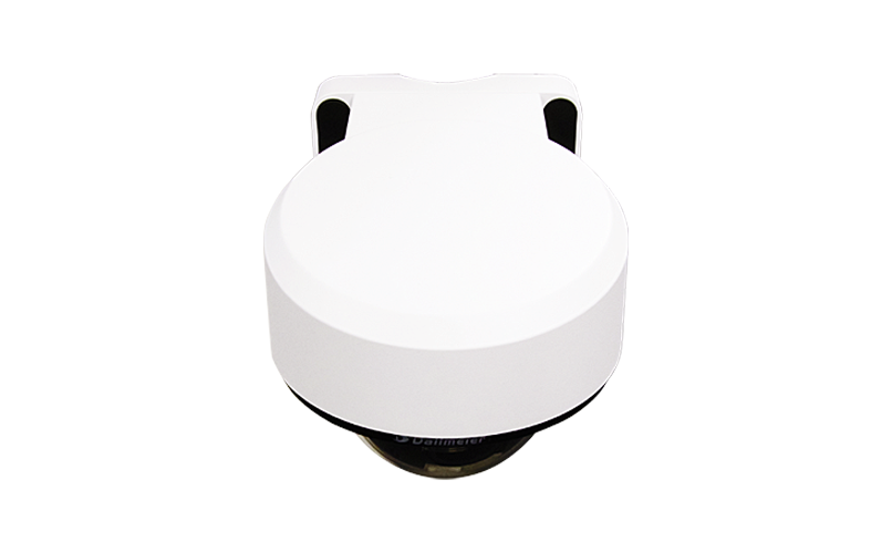 White circular device with a flat top and a recessed section at the bottom, possibly a sensor or communication device.