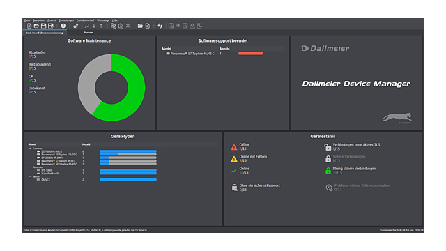 Dashboard of Dallmeier Device Manager displaying software maintenance status, including a circular graph and information panels about device groups and alerts.