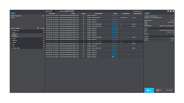 A software interface displaying a table with data entries, including timestamps, categories, passengers, locations, and message status, with search options on the left side.