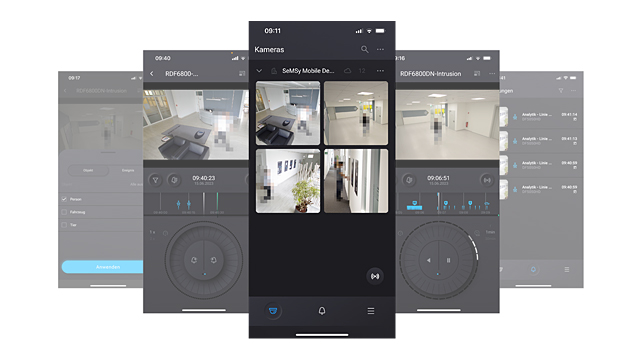 Mobile app interface displaying multiple camera feeds from different locations, allowing users to monitor different areas with controls and timestamps for each video stream.